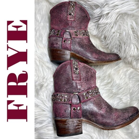 FRYE Deborah Studded Short Cowboy Western Boots Distressed Harness Pink, Size 8 - Picture 9 of 13